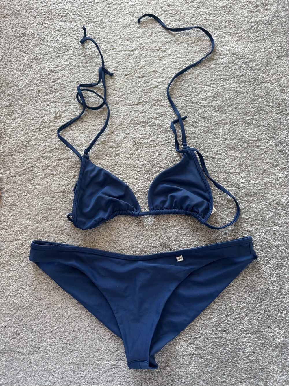Wicked Weasel Navy Blue Bikini Set L Triangle Tie Top Cheeky Nylon Spandex